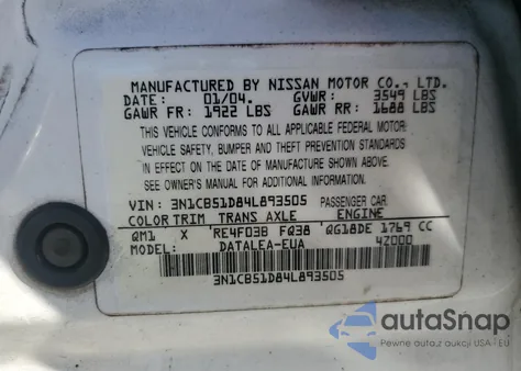 2004 Nissan Sentra 1.8 z USA, uszkodzony, nr VIN 3N1CB51D84L893505